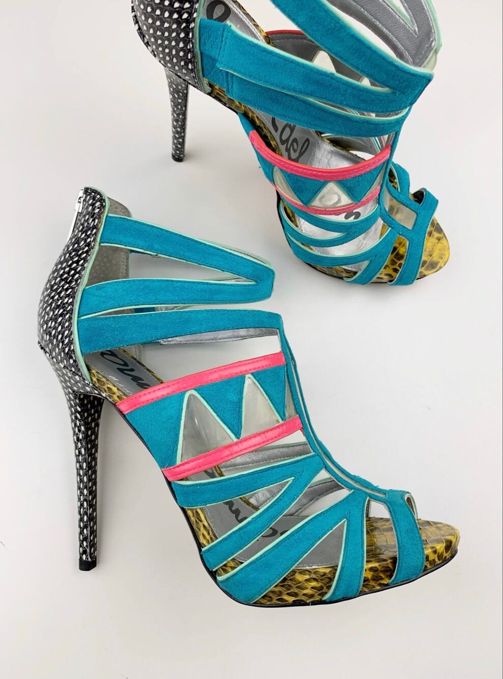 Sam Edelman Jazz High Heel Sandals Blue Pink Suede Statement Women's 8